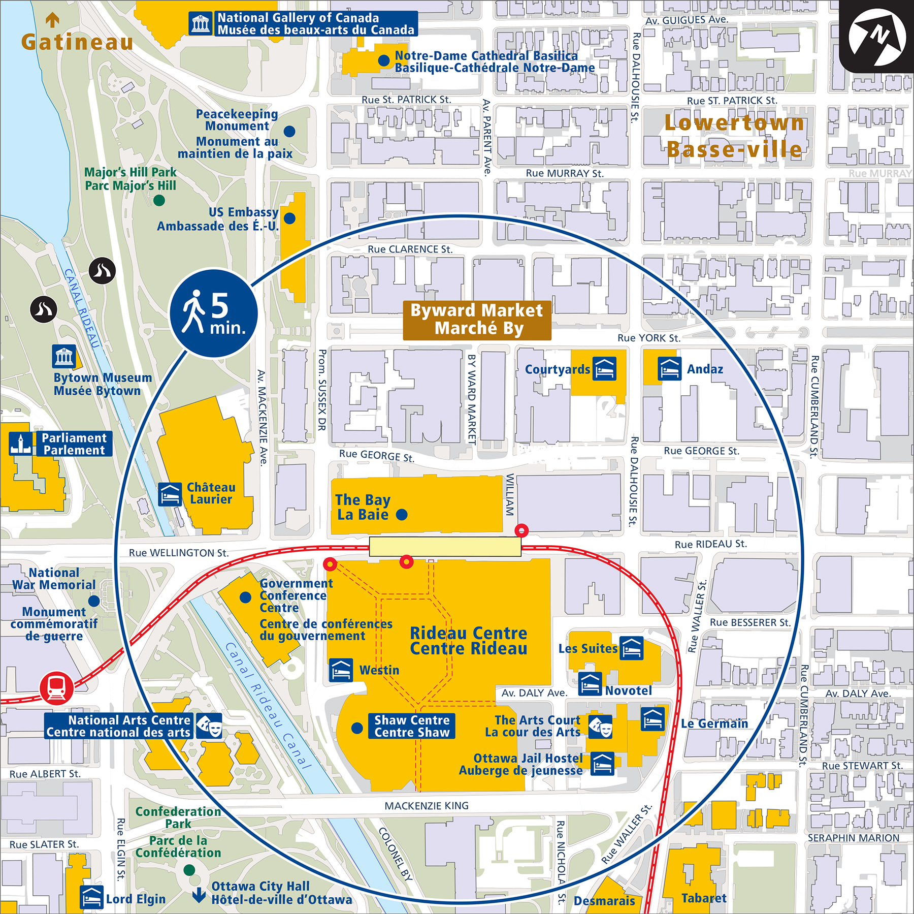 A carte representing some places of interest within a 5-minute walk of Rideau Station