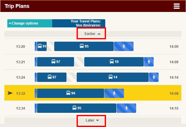 Screen cap: where to find the earlier and later trip options
