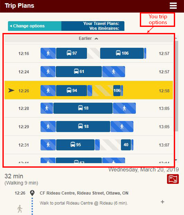 Screen cap: example of travel plan results