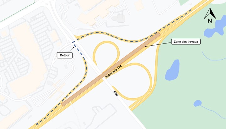 Cette image est celle d'une carte, montrant l'autoroute en jaune et la zone de travaux sous la forme d'un rectangle hachuré orange. La déviation est représentée par une ligne bleue en pointillés.