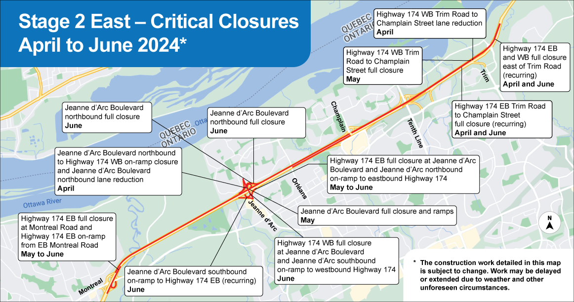 This map shows currently anticipated critical closures on Highway 174 from March to May, 2024.