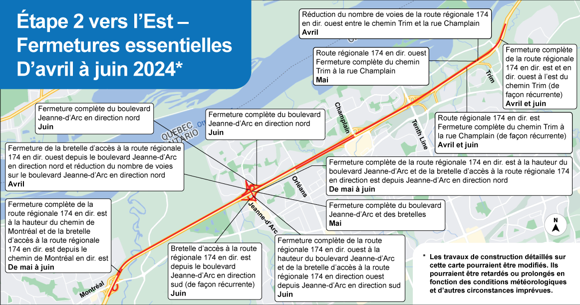 Cette carte montre les fermetures critiques actuellement prévues sur l'autoroute 174 de avril à juin 2024.