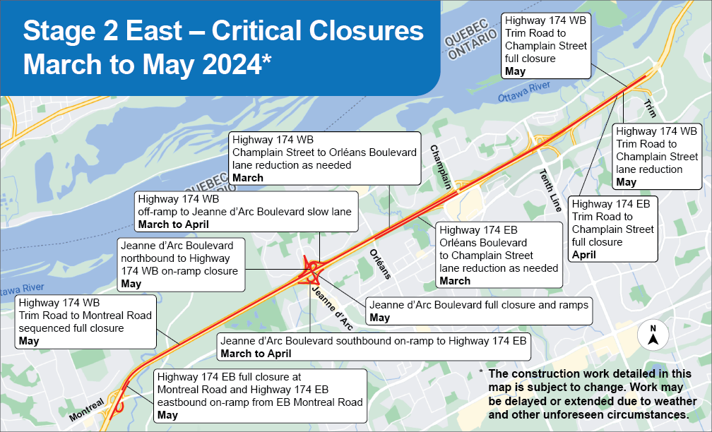 A map of Highway 174 from Blair to Trim, showing upcoming closures on the highway from March to May 2024