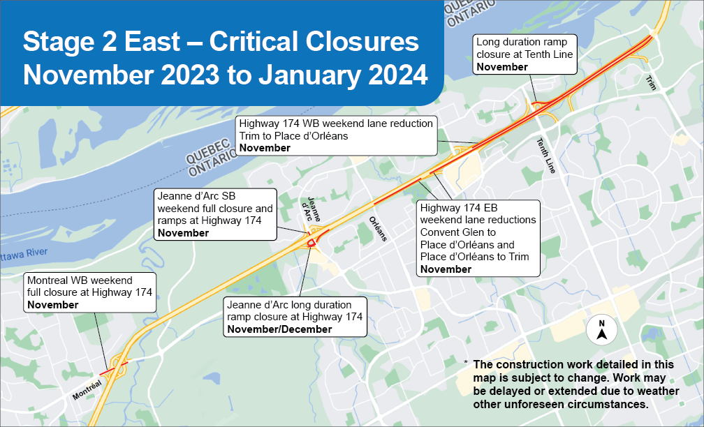 A map showing the critical closures on the Highway for construction related to the O-Train East Extension from November to January