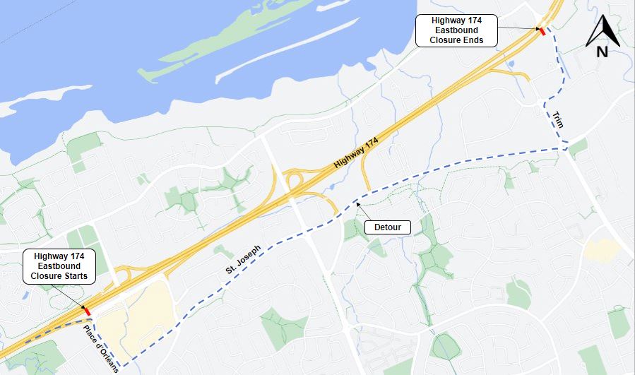 A map depicting the following detour, shown as a blue dashed line: Motorists travelling eastbound on Highway 174 will exit at Place d’Orléans Drive and continue south on Place d’Orléans Drive to St. Joseph Boulevard. They will then turn left and travel east on St. Joseph Boulevard to the traffic circle where they will use Trim Road to re-enter Highway 174 eastbound using the on-ramp. 