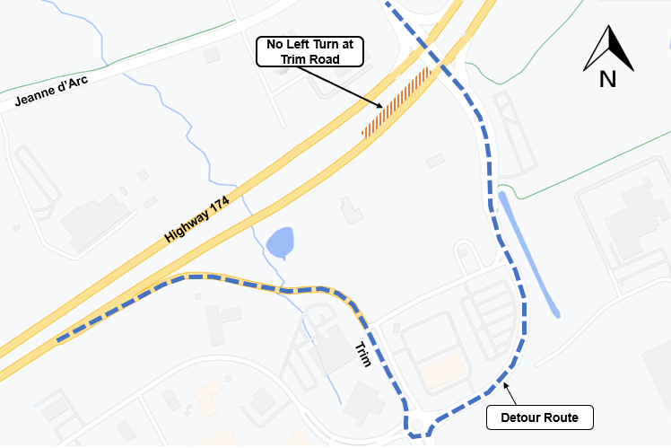 The image is of a grey map with the highway shown in yellow and the detour at Trim Road shown as a blue-dashed line. The detour is described above.