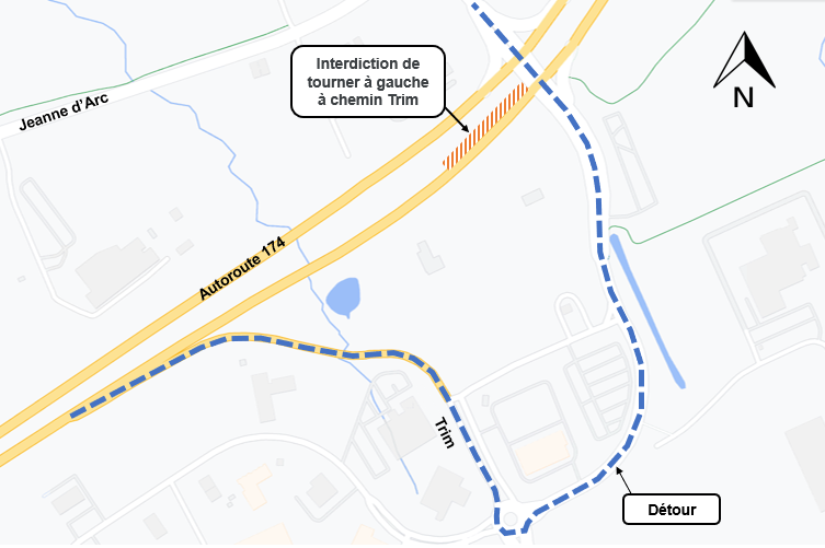 L'image est une carte grise sur laquelle l'autoroute est représentée en jaune et la déviation à chemin Trim est représentée par une ligne en pointillés bleus. La déviation est décrite ci-dessus.