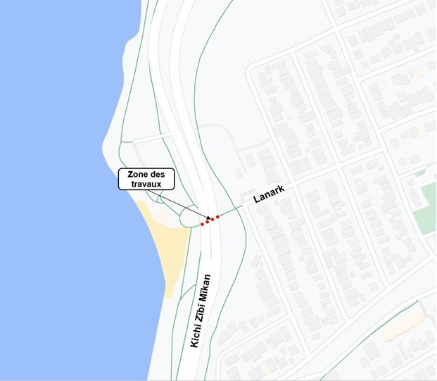 Carte grise avec ligne pointillée rouge indiquant la zone de travaux de Lanark Ave à Westboro beach.
