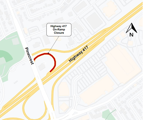 Grey map with highway 417 in yellow. On the right side of Pinecrest a red line shows the closed On-Ramp.