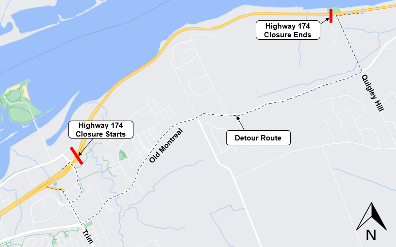 A map showing the detour for the closure of Highway 174 between Quigley Hill Road and Trim Road. The detours are described above.