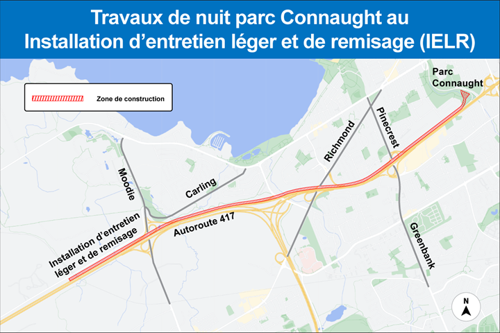 Cette image est une carte grise, avec l'autoroute en jaune. La zone de travaux allant de Connaught à la LMSF est représentée par un rectangle hachuré en rouge. Les sites situés entre ces deux endroits sont indiqués en noir.