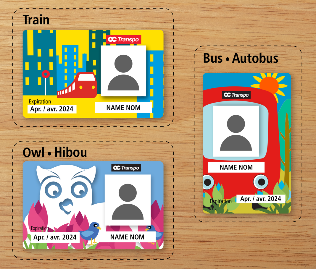 Examples of child cards featuring an owl, train and a bus