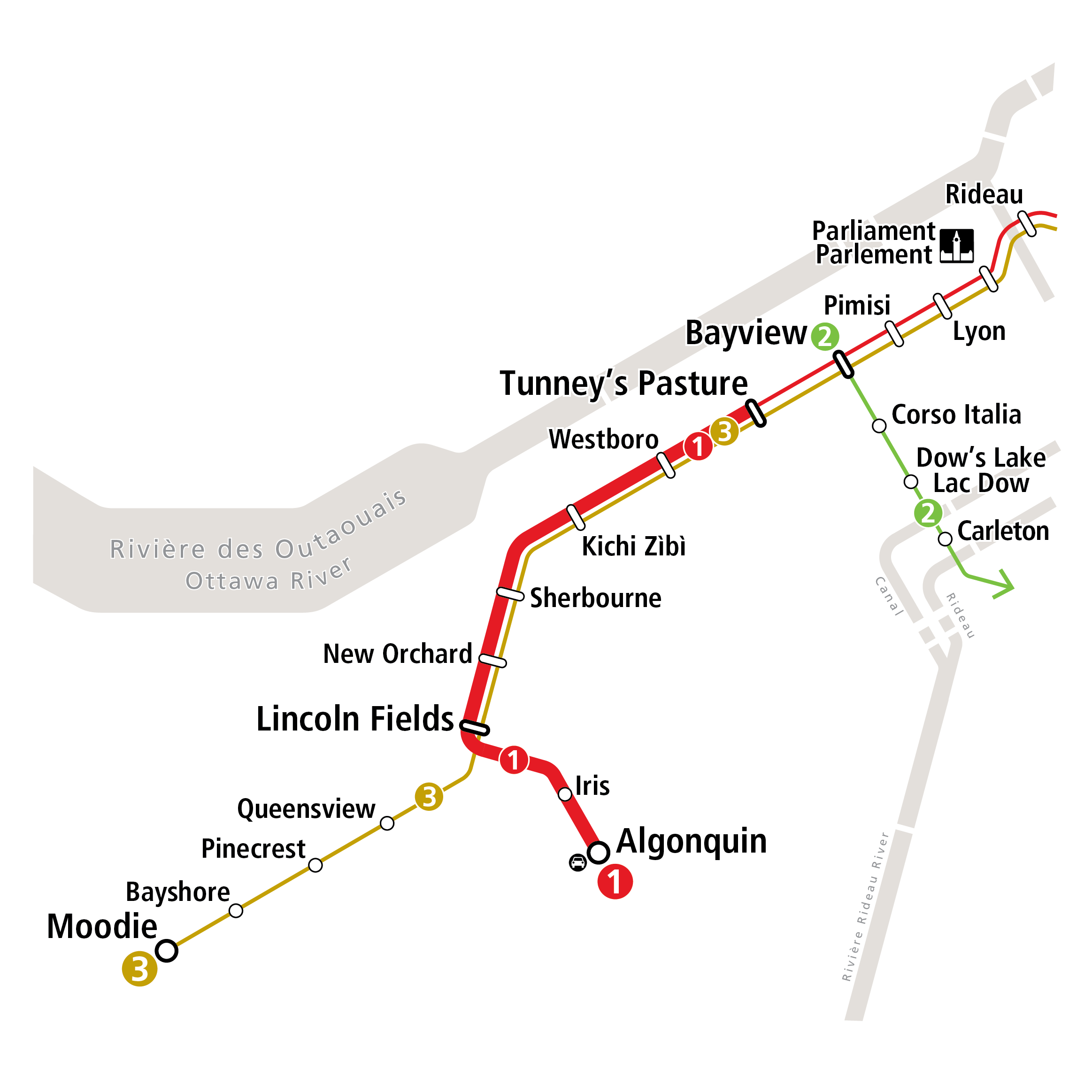 Map of the O-Train line 1 west extension - Tunney’s Pasture to Algonquin