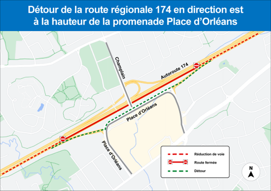 Détour de la route régionale 174 en direction est a la hauteur de la promenade Place d'Orléans.