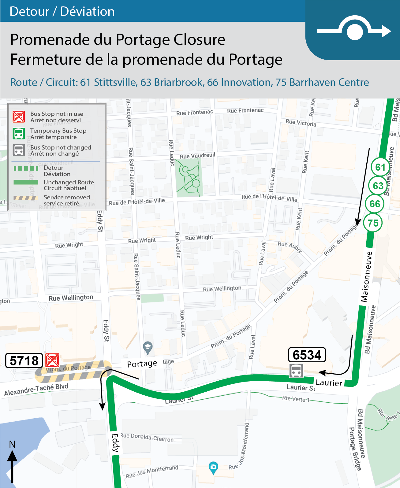 Detour map for Routes 61 Stittesville, 63 Briarbrook, 66 Innovation, 75 Barrhaven Centre: Promenade du Portage closure