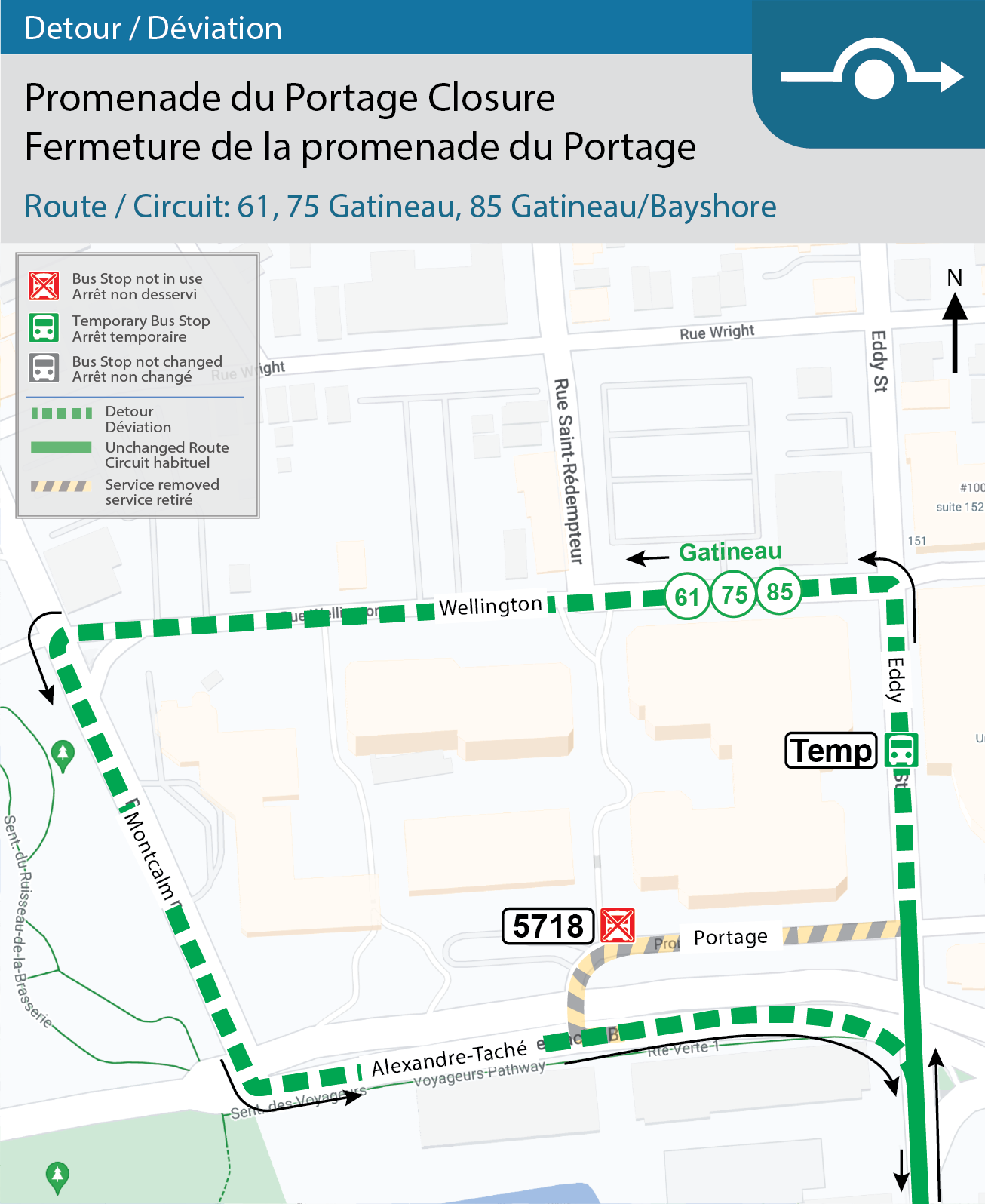 Carte des déviation pour les circuits 61, 75 Gatineau, 85 Gatineau/Bayshore : Fermeture de la promenade du Portage