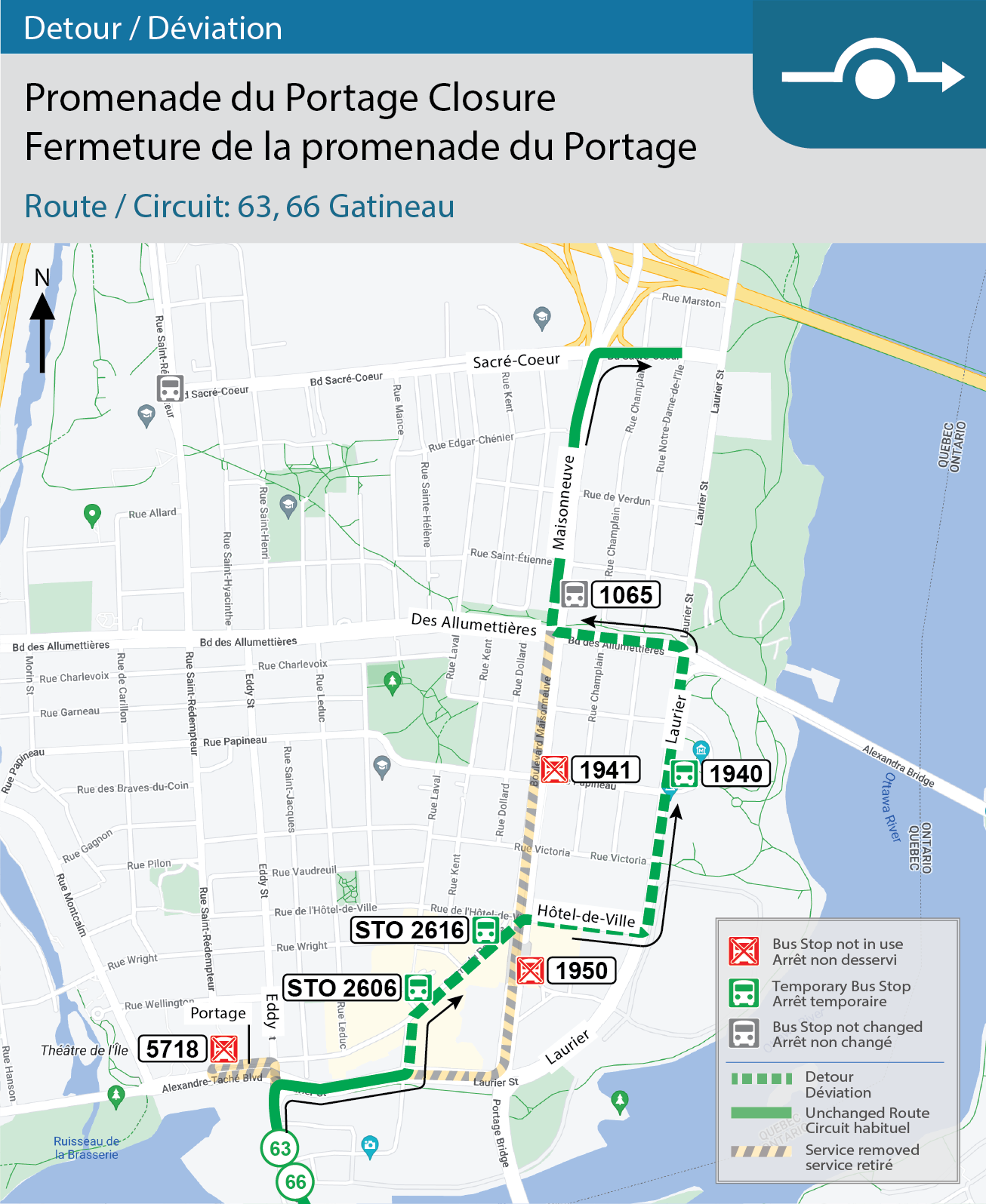 Carte des déviation pour les circuits 63, 66 Gatineau : Fermeture de la promenade du Portage