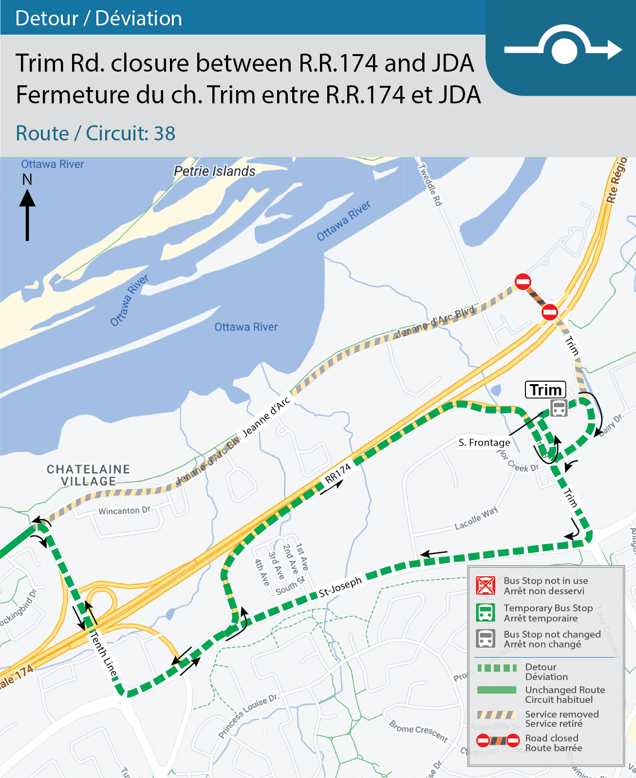Detour map for Route 38: Trim Road closure