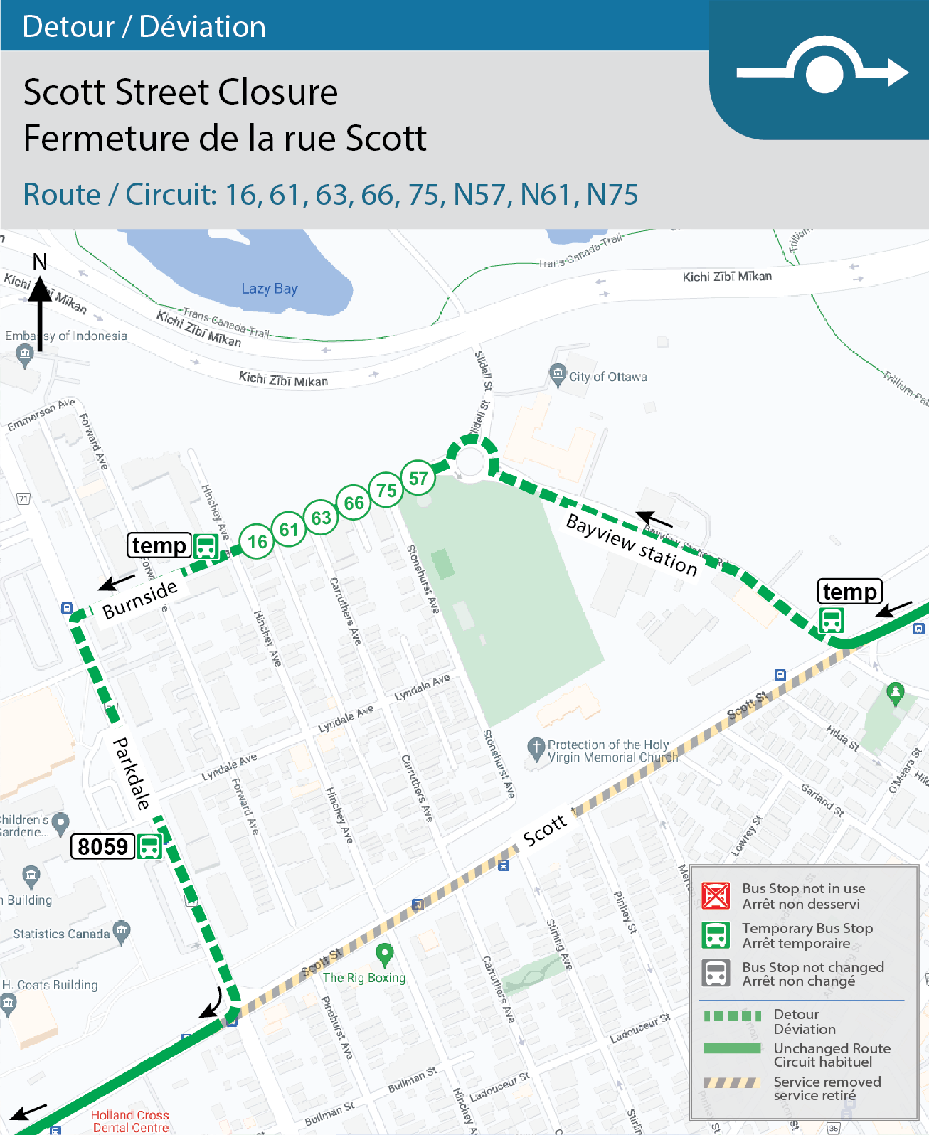 Detour map for Routes: 16, 61, 63, 66, 75, N57, N61, N75