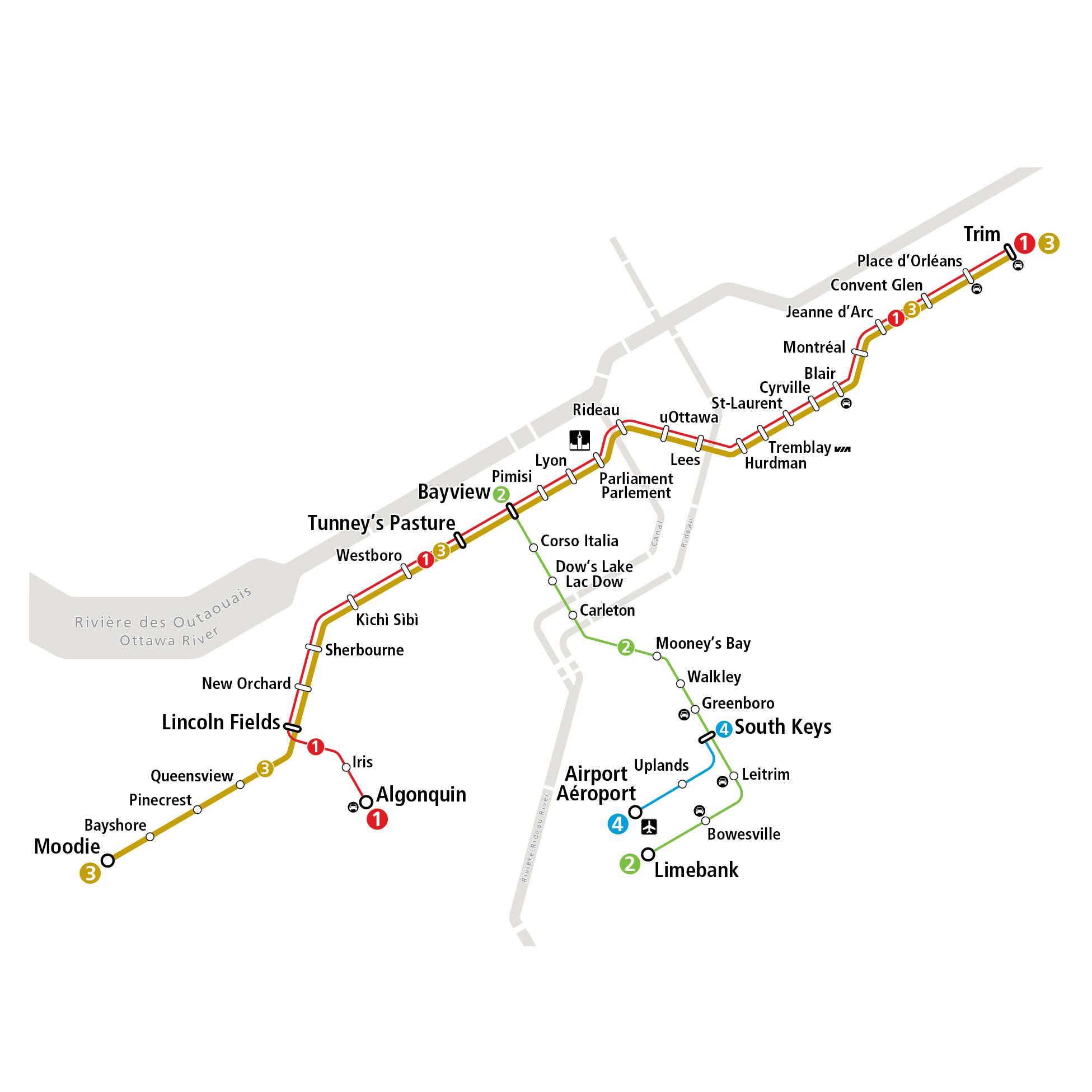 Carte de la ligne 3 de l'O-Train - De Trim à Moodie