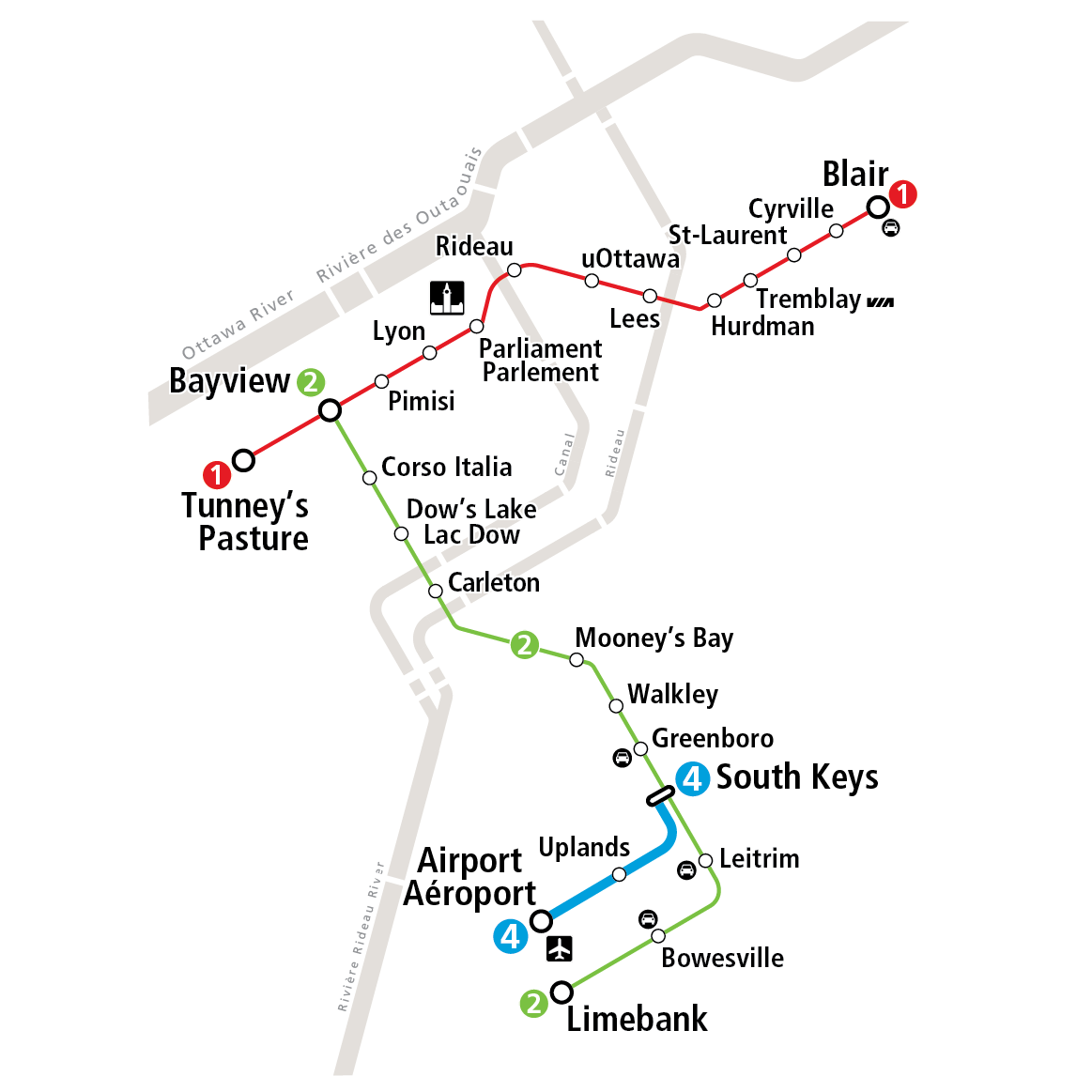 Représentation visuelle de l'itinéraire de la ligne 4, illustrant le trajet entre Aéroport et la station South Keys
