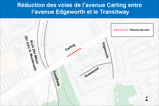 Carte presentant la réduction de voie et travaux de construction sur l’avenue Carling. 