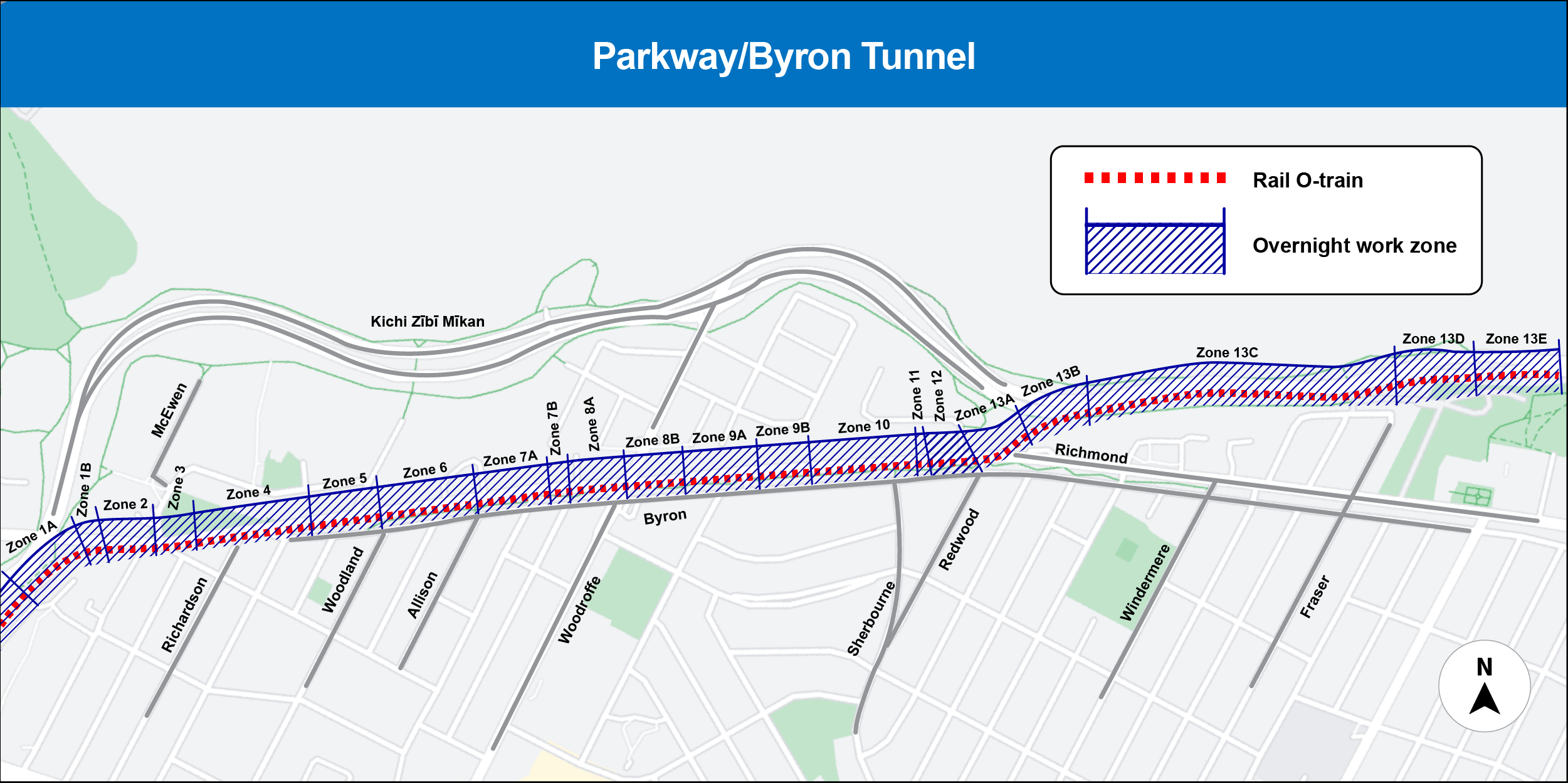 Map depicting nightwork on the Cut and Cover Tunnels along the Parkway and Byron cooridor.