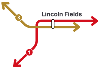 Une carte montrant Lincoln Fields comme la station de transfert entre les lignes 1 et 3 de l'O-Train