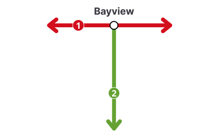A graphic map showing Bayview as the transfer station between O-Train line 2 and Line 1