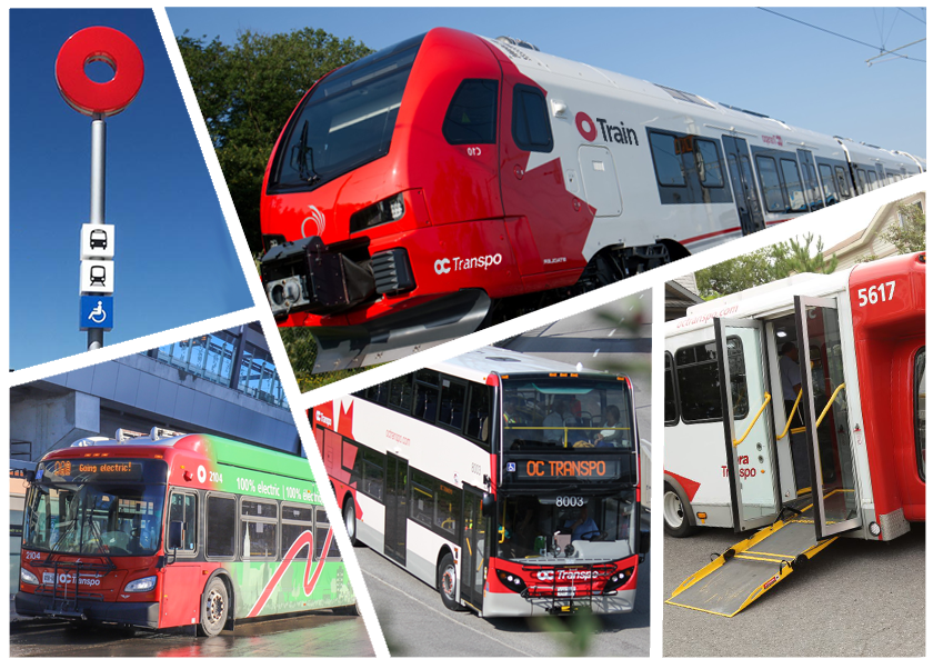 Collage image of the O-Train, bus, electric bus, Paratranspo bus, and OC Transpo's pylon sign