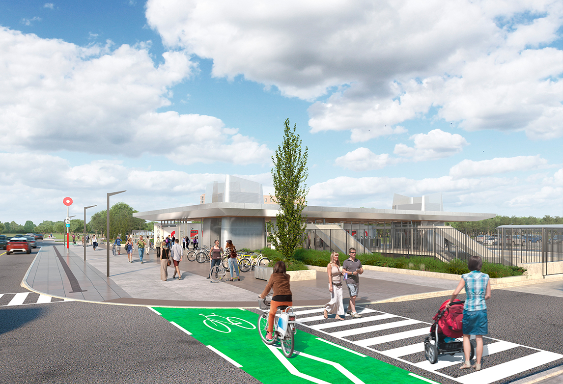 Render of street and pedestrians outside Westboro station