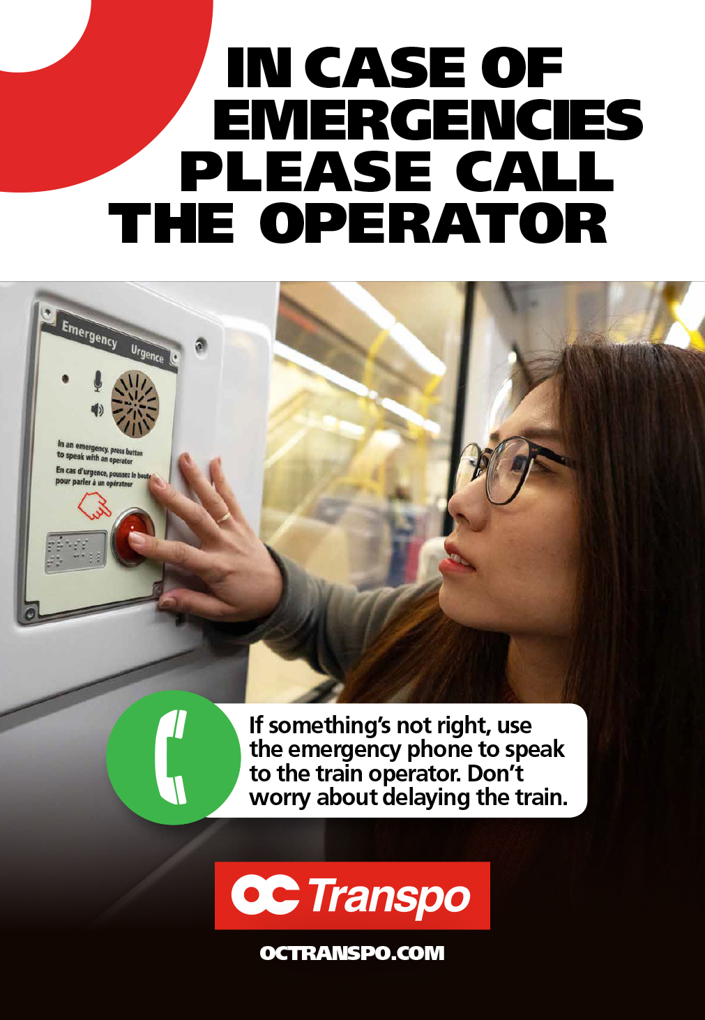 Woman using the train's emergency phone with image text: If something's not right, use the emergency phone to speak to the train operator. Don't worry about delaying the train
