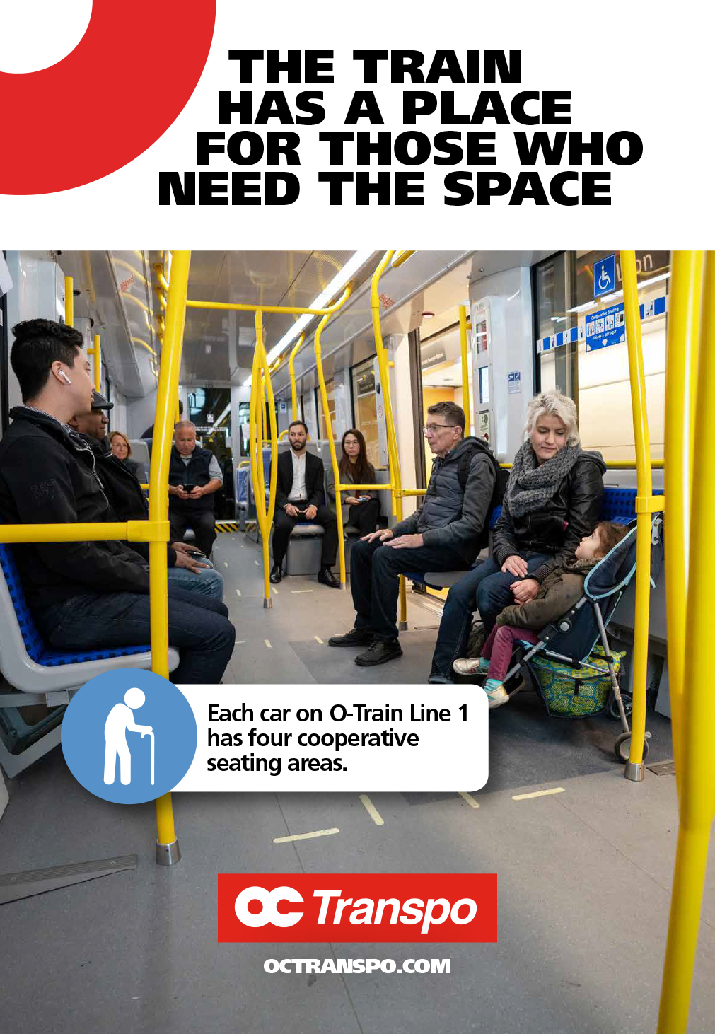 Woman with a child in a stroller seated in the Cooperative seating area. Image text: The train has a place for those who need the space.