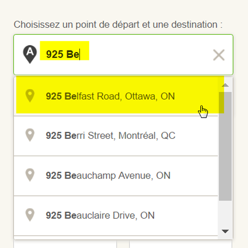 Saisie d'écran: entrer une adresse comme destination ou point de départ du plan de trajet
