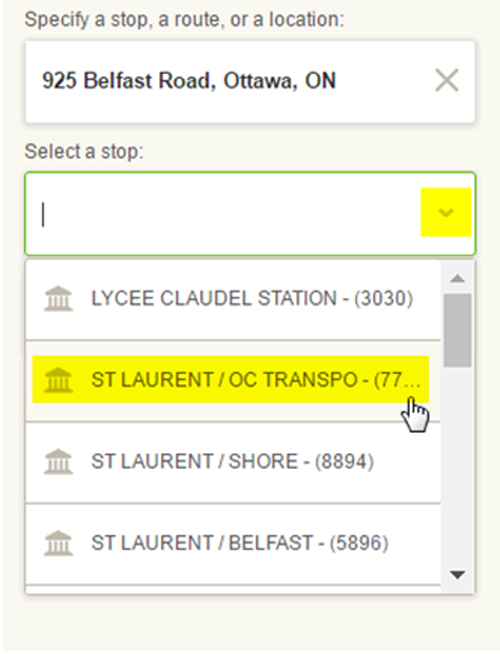 Screen cap: entering an address to lookup nearby stops for next departures