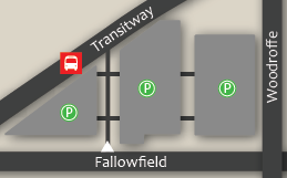 Fallowfield park and ride is located at Woodroffe and Fallowfield. Entrance is off of Fallowfield. ~ Le parc-o-bus Fallowfield est situé à l’angle de l’avenue Woodroffe et du chemin Fallowfield. Entrée à partir du chemin Fallowfield.