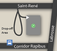 The STO Labrosse park and ride lot is located at Labrosse and Staint-René. ~ Le parc-o-bus Labrosse de la STO est situé à l’angle du boulevard Labrosse et de la rue Saint René.