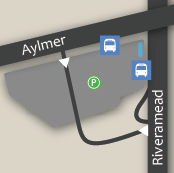 The STO Rivermend park and ride lot is located at Rivermead and Alymer. ~ Le parc-o-bus Rivermead de la STO est situé à l’angle des chemins Rivermead et d’Aylmer.