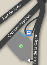 The STO de la Gappe park and ride lot is located on Rue de la Gappe near Rue de Turin and the Rapibus corridor. ~ Le parc-o-bus de la Gappe de la STO est situé sur le boulevard de la Gappe, près de la rue de Turin et du corridor du Rapibus.
