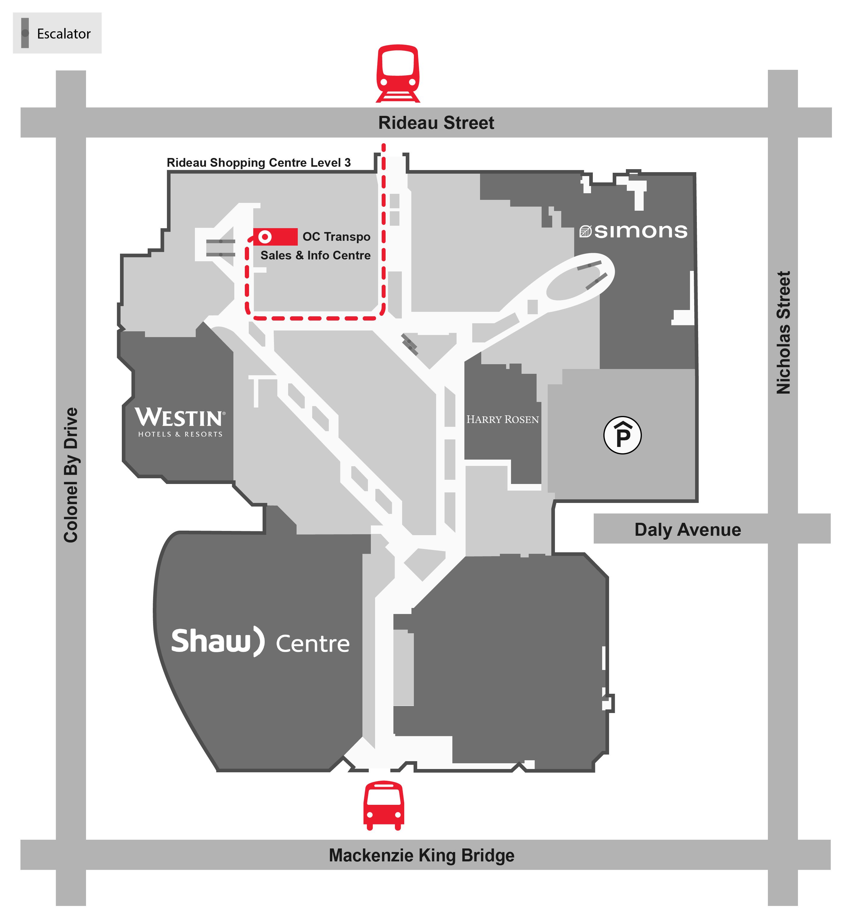 The OC Customer Service Centre at Rideau Centre is located on the 3rd floor, at the end of the escalator (slight left) when coming in from Rideau/Sussex entrance.