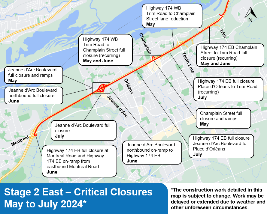Image - Critical Closures Map - O-Train East Extension - May to July, 2024