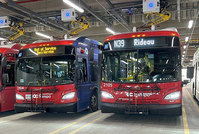 New Flyer Zero-emission buses charging by pantograph